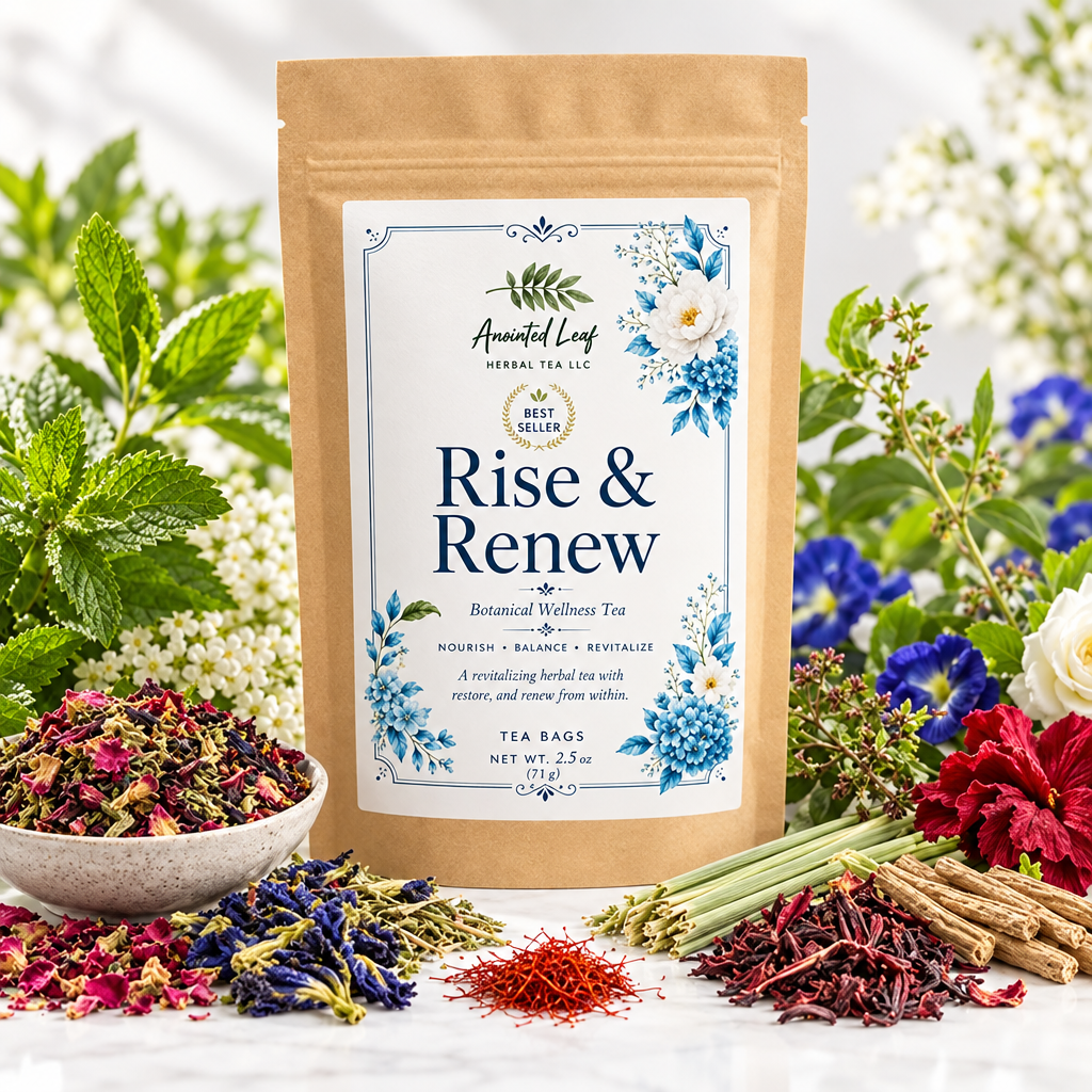 Rise & Renew herbal tea surrounded by botanicals