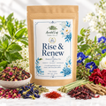 Rise & Renew herbal tea surrounded by botanicals